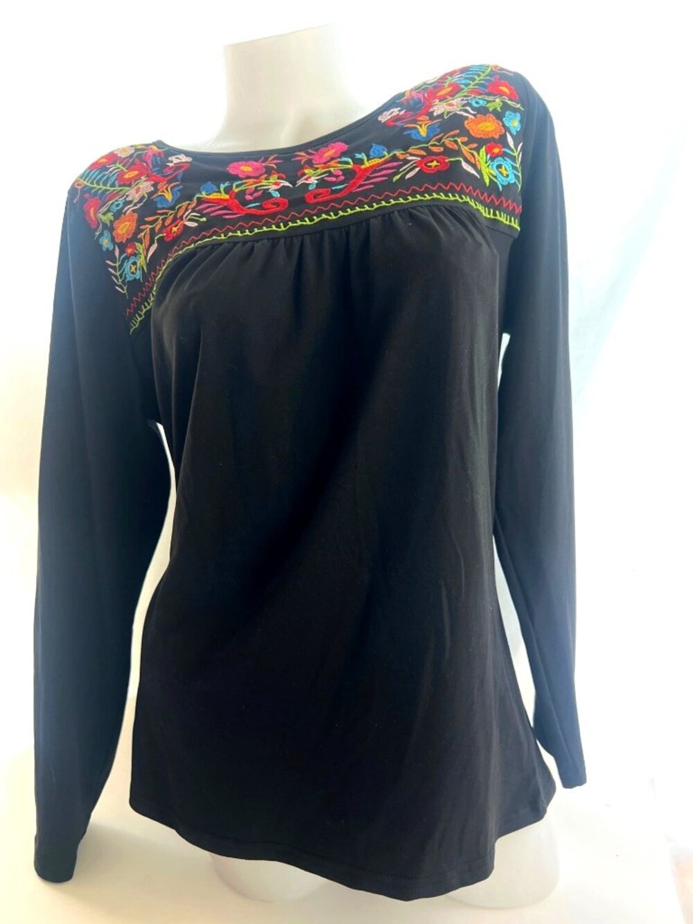Black Long Sleeve Blouse Mexican Style Floral Embroidery Size  Small